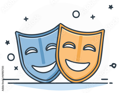 Two Theater Masks of Comedy for Entertainment Industry Symbolism