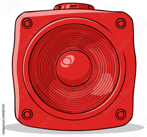 Illustration of a bright red audio speaker with a glossy finish