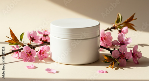 Wallpaper Mural Elegant white skincare jar surrounded by delicate pink cherry blossoms and soft morning light Torontodigital.ca