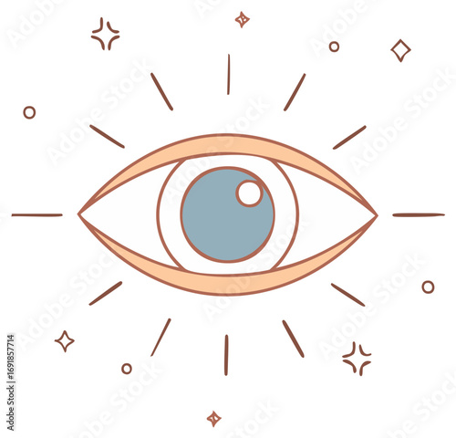 Stylized eye illustration with stars and light rays