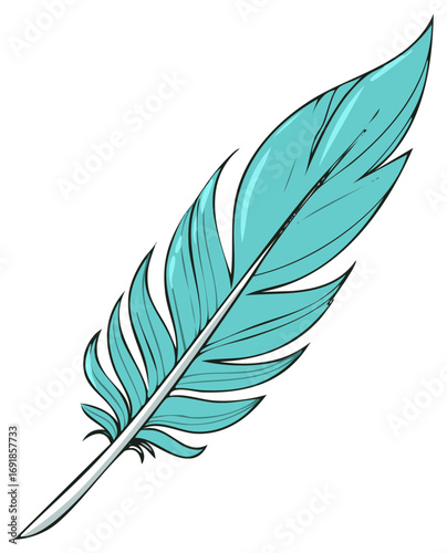 Vibrant turquoise feather drawing delicate bird plume isolated graphic element