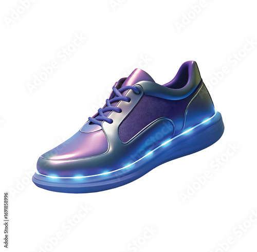 Iridescent blue and purple athletic shoe with glowing sole sneaker footwear