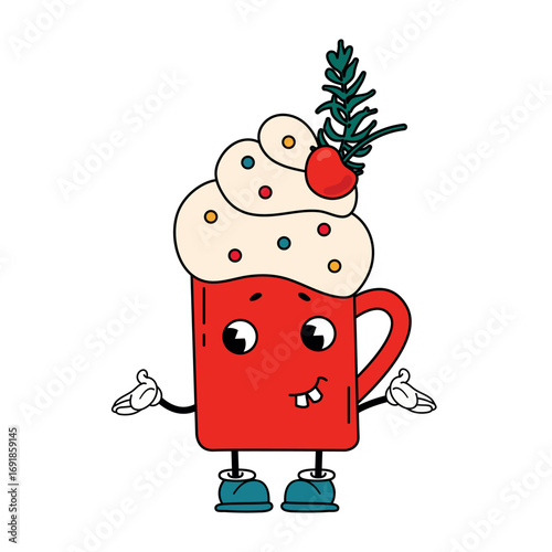 Christmas illustration. Cartoon Hot Chocolate Character Illustration. 