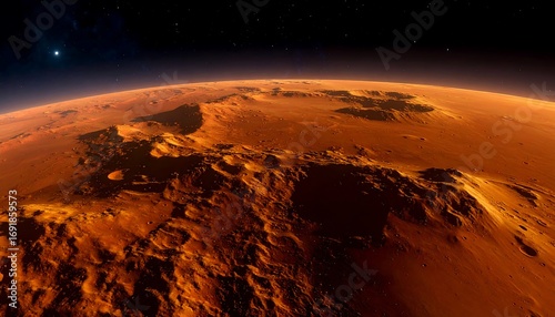 Martian landscape at dawn.  Vast orange terrain