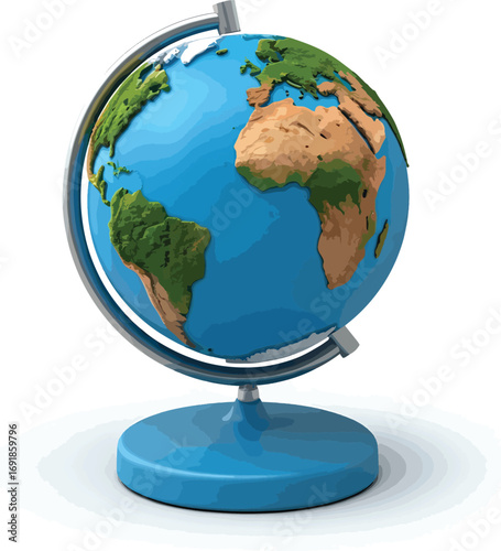 A stylized illustration of a terrestrial globe, showcasing continents and oceans, symbolizing global connectivity, geography, and education on a crisp white background