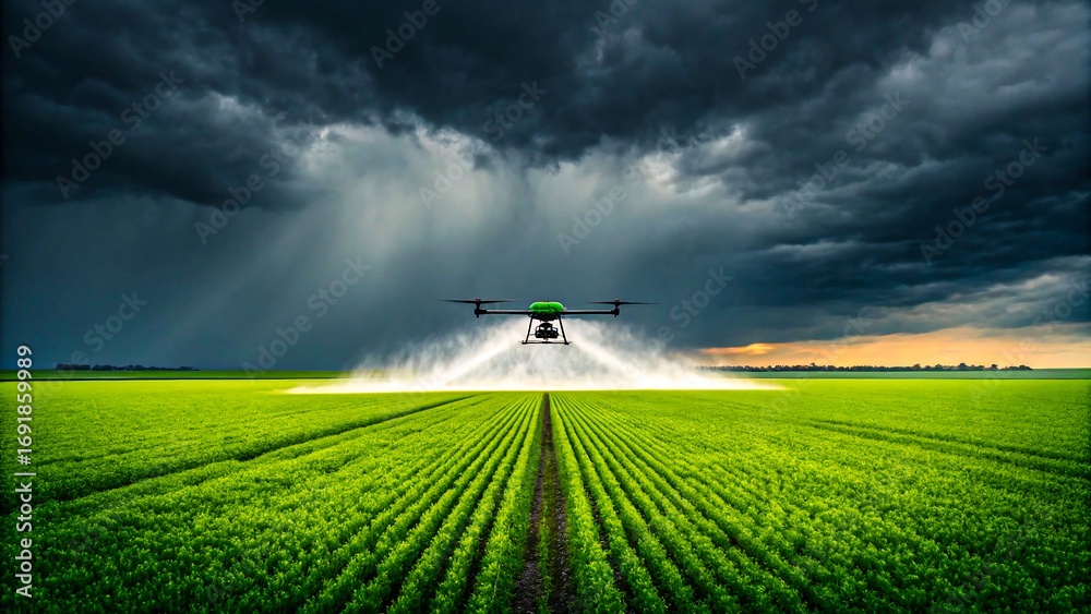 Obraz premium Drone spraying crops in large green farmland with dramatic stormy sky at sunset 