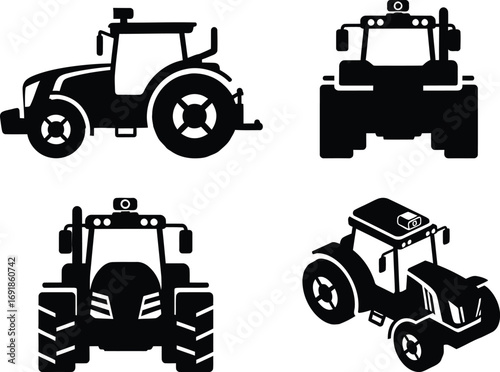 Set of four tractor silhouettes, offering diverse perspectives of this agricultural machine in vector format