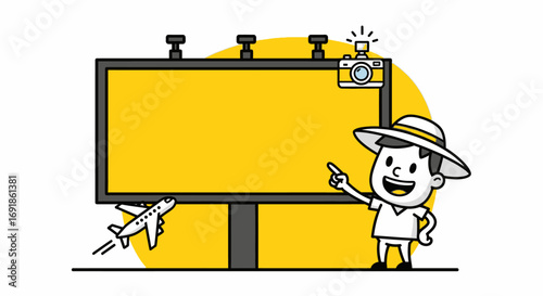 Cartoon Billboard with Tourist, Camera, and Airplane Illustration