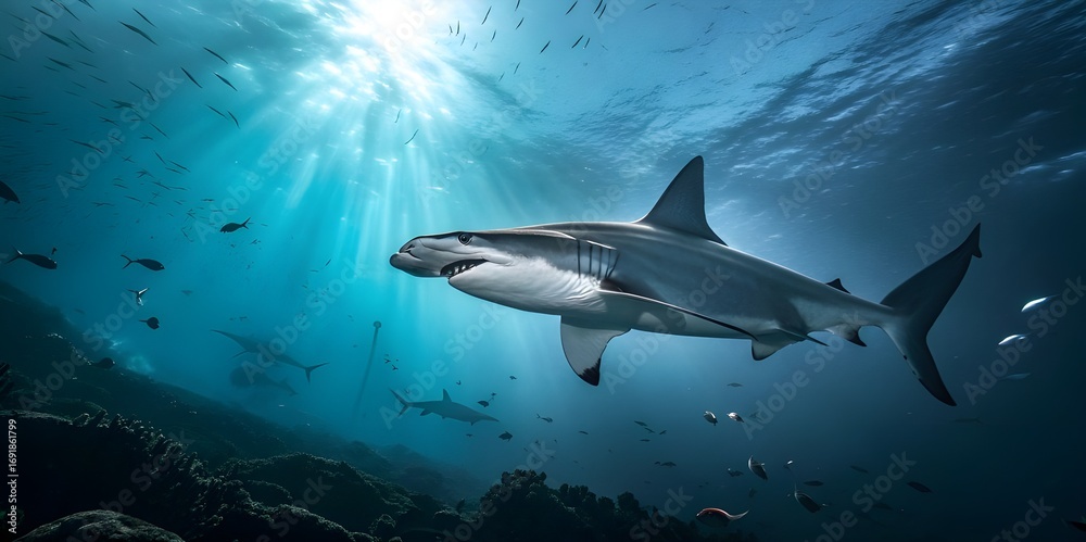 Obraz premium Great white shark swimming in the ocean with sun rays shining through water