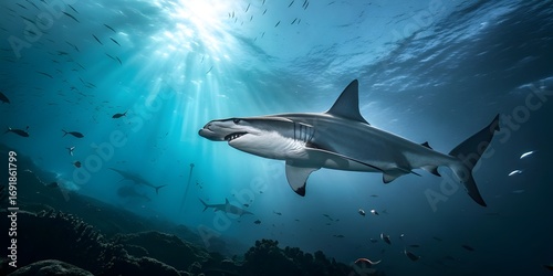 Great white shark swimming in the ocean with sun rays shining through water