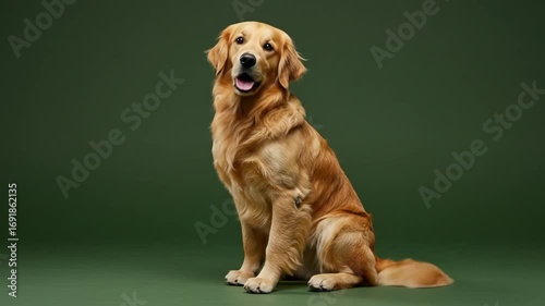 Golden Retriever Puppy Sitting Calmly on Green Background with Friendly Expression