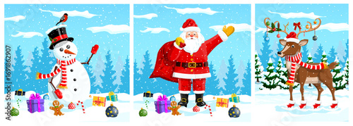 Snowman, Santa Claus and reindeer standing on snow. Winter characters set. Christmas and New Year holiday. Celebration background.