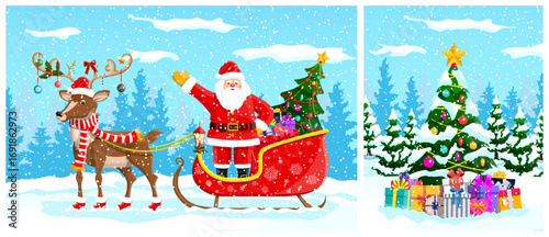 Santa Claus with reindeer and sleigh full of gifts. Christmas tree and presents in winter forest. Holiday celebration concept for greeting card.