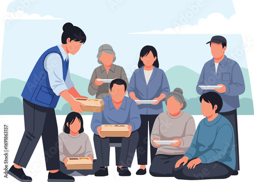 Diverse group receiving food from a volunteer.