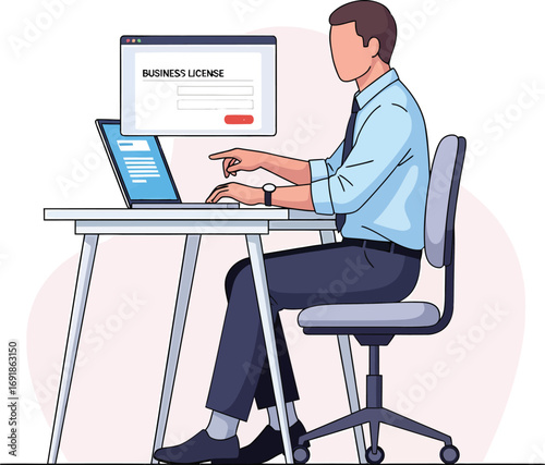 Man applying for business license online on laptop.