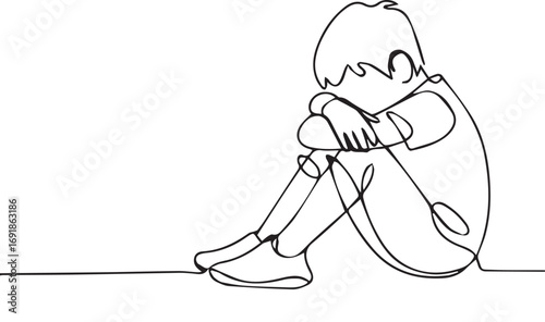 Sad child sitting alone single line art
