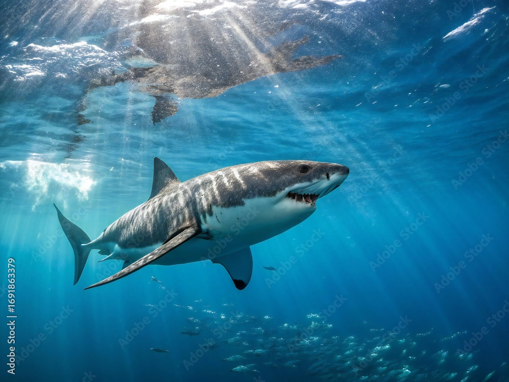 Fototapeta premium Great white shark swimming underwater in blue ocean with sunlight rays marine wildlife concept
