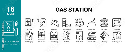 Gas Station icon set. Includes gas, station, service, automobile, vehicle, and More. Editable Stroke Icon Collection.