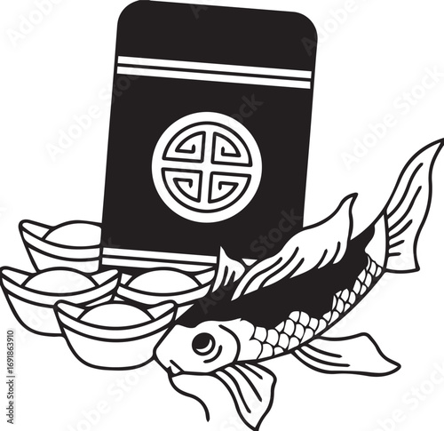 Black and white of red envelopes koi fish and ancient chinese money

