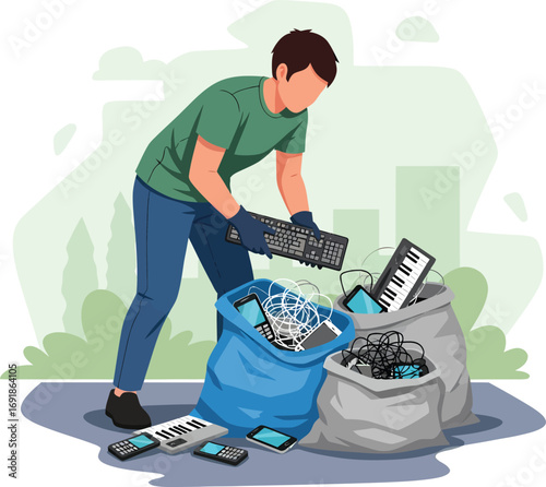 Person collecting electronic waste in bags for recycling.