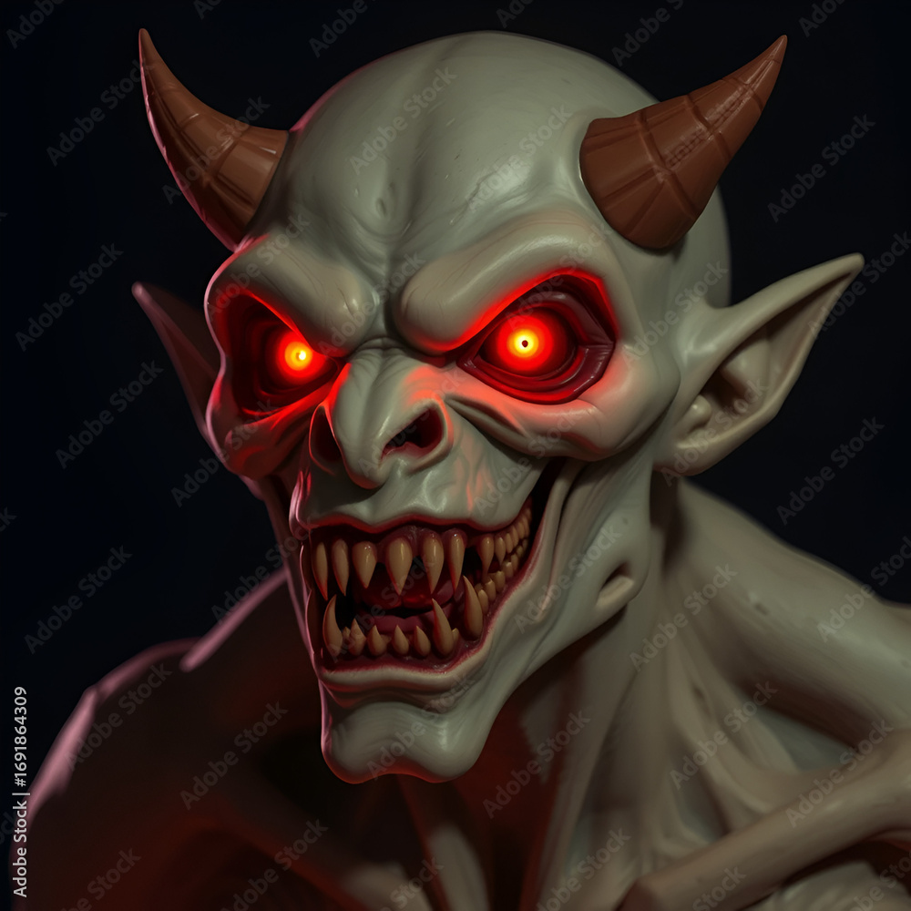 Naklejka premium A demonic figure with glowing red eyes and sharp teeth