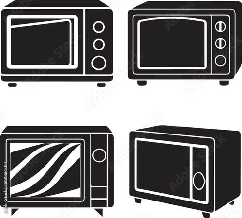Microwave oven silhouettes in various views vectors icons
