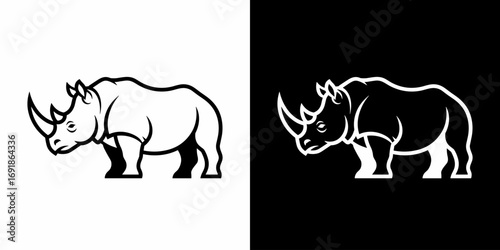 Black and white rhinoceros standing in profile isolated flat illustration logo