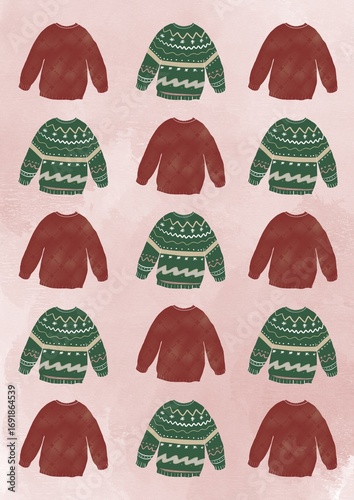 a pattern of Christmas sweaters