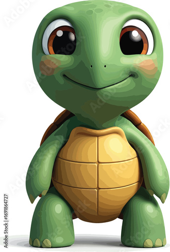 Adorable green cartoon turtle character with big expressive eyes and a sweet smile. This charming and friendly reptile is isolated on a white background, embodying a cute and cheerful concept for kids