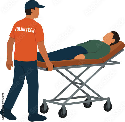 Volunteer assisting patient on a stretcher with wheels.