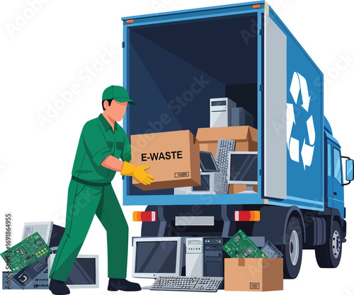Worker loading ewaste into a recycling truck with electronic equipment.