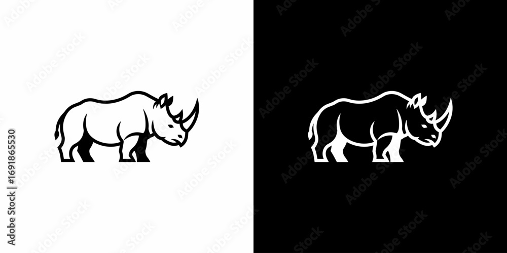 Obraz premium Dark blue rhinoceros standing side view flat illustration logo