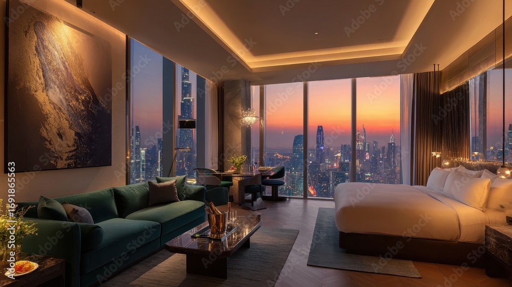 Fototapeta premium Luxurious hotel room with stunning Dubai skyline view at sunset