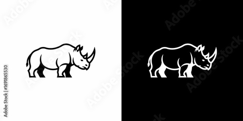 Dark blue rhinoceros standing side view flat illustration logo