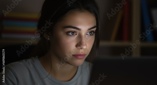 Wallpaper Mural laptop user library concept. Young woman focused on computer screen in a dimly lit environment. Torontodigital.ca