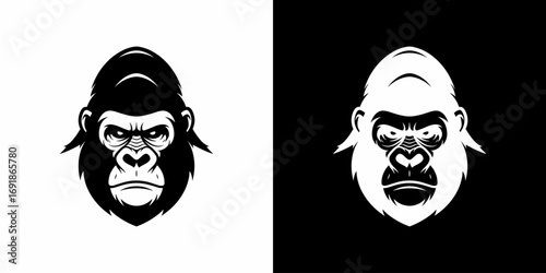 Detailed gorilla head facing forward on white flat illustration logo