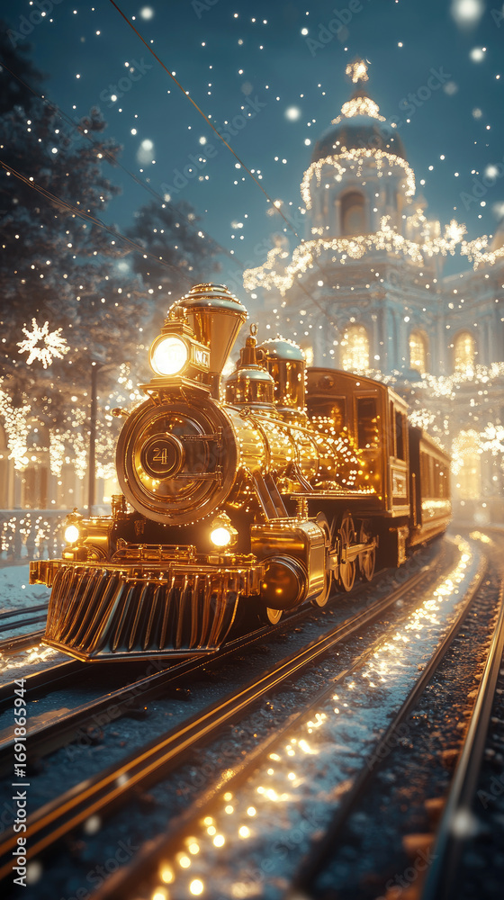Obraz premium Concept of a golden train decorated with Christmas lights and snowflakes moving along tracks in front of an elegant white palace, creating a festive 2026 Christmas and New Year card. copy space