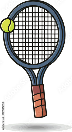 Vibrant cartoon illustration of a tennis racket and ball, symbolizing the joy and energy of court sports. Ideal for designs promoting active recreation, fitness