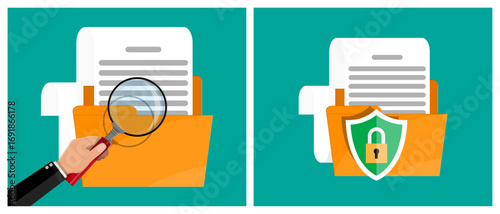 Man investigating document in folder and file security concept with shield padlock. Data protection and privacy.