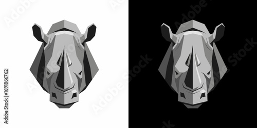 Grayscale geometric rhino head mascot flat illustration logo