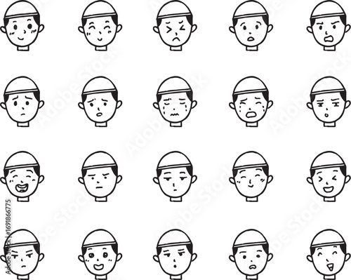 Set facial expressions muslim child boy vector outline cartoon chibi illustration art bundle