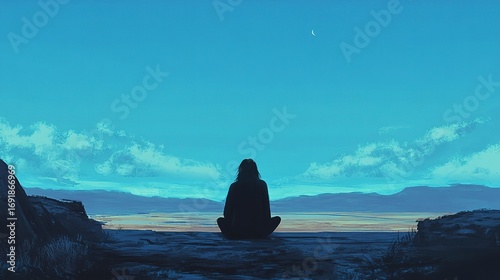 Person gazes at distant horizon in solitude, heavy with sadness at twilight by the open sea