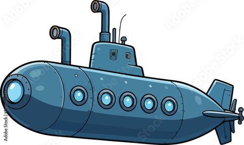 Blue cartoon submarine with periscopes and round portholes. A detailed naval submersible vector illustration for deep sea exploration and underwater travel concepts, isolated on a white background