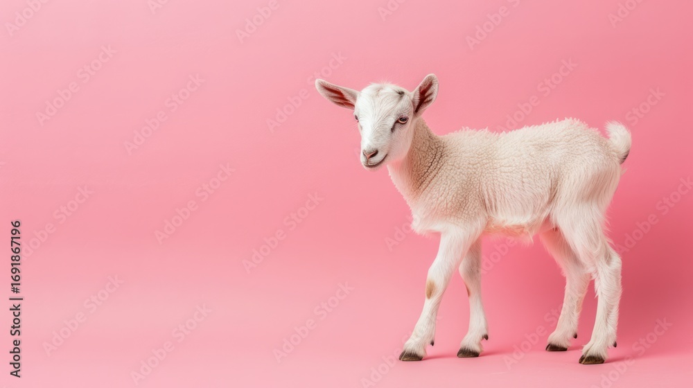 Fototapeta premium Cute White Baby Goat Standing on Pink Background in Studio Setting