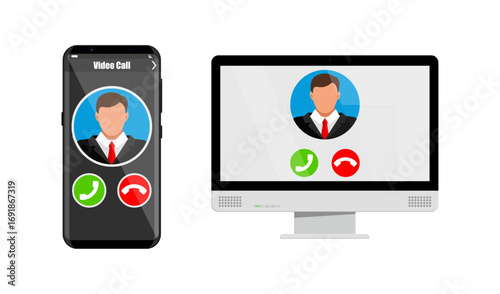 Man having a video call on smartphone and computer monitor. Remote communication and online meeting for business. Digital technology concept.