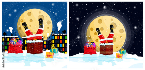 Santa claus in chimney with a sack of gifts and presents on rooftop. Christmas and New Year holiday celebration concept for greeting card.