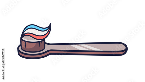 Cartoon bright pink toothbrush with toothpaste on it. Vector doodle illustration isolated on white. Oral hygiene concept. Dental cleaning tool