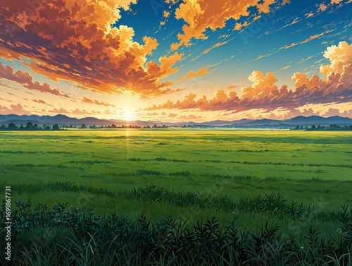 Landscape in anime tone where a meadow covers the lower third, horizon extending far into distance, two-thirds filled with vast golden sky, negative space conveys dreamy and cinematic