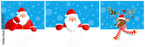Santa clas, Santa claus looking out banner, christmas reindeer character, flat style design for winter holiday greeting card.