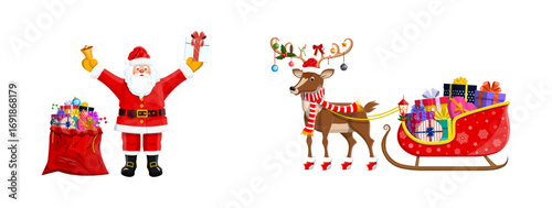 Man Santa Claus with a gift in his hand and a bag of presents. Reindeer with Santa hat and sleigh with gifts. Christmas holiday concept.